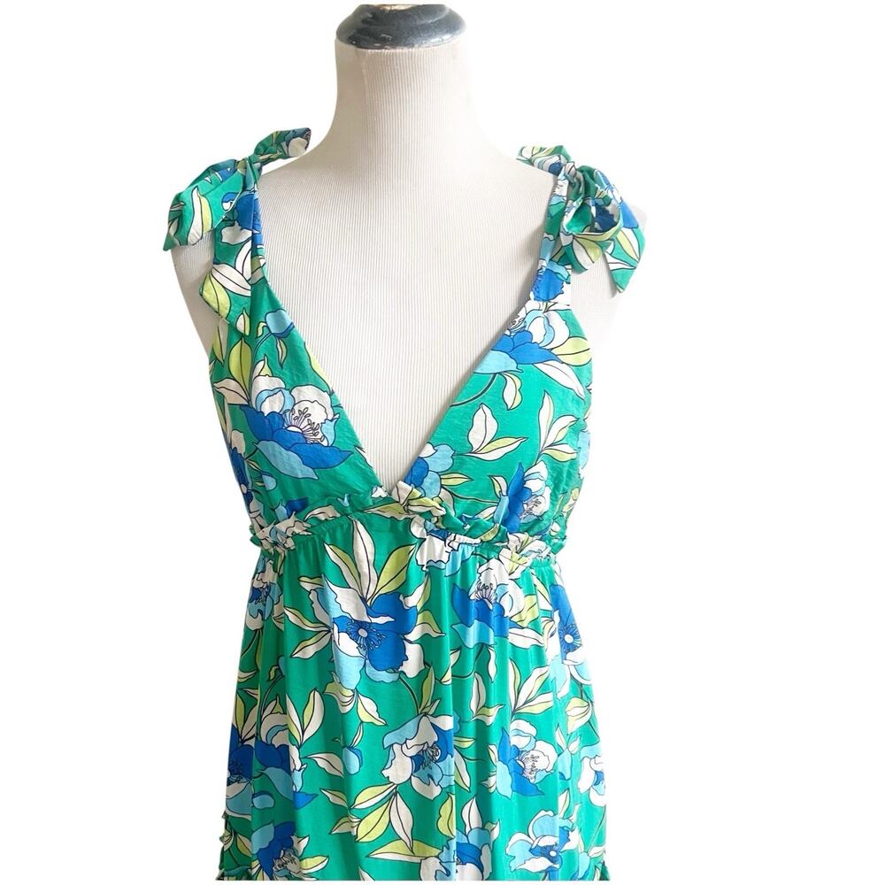 Monteau Los Angeles Floral Tiered Maxi Dress Green Size Large V-Neck Bohemian - Picture 6 of 14